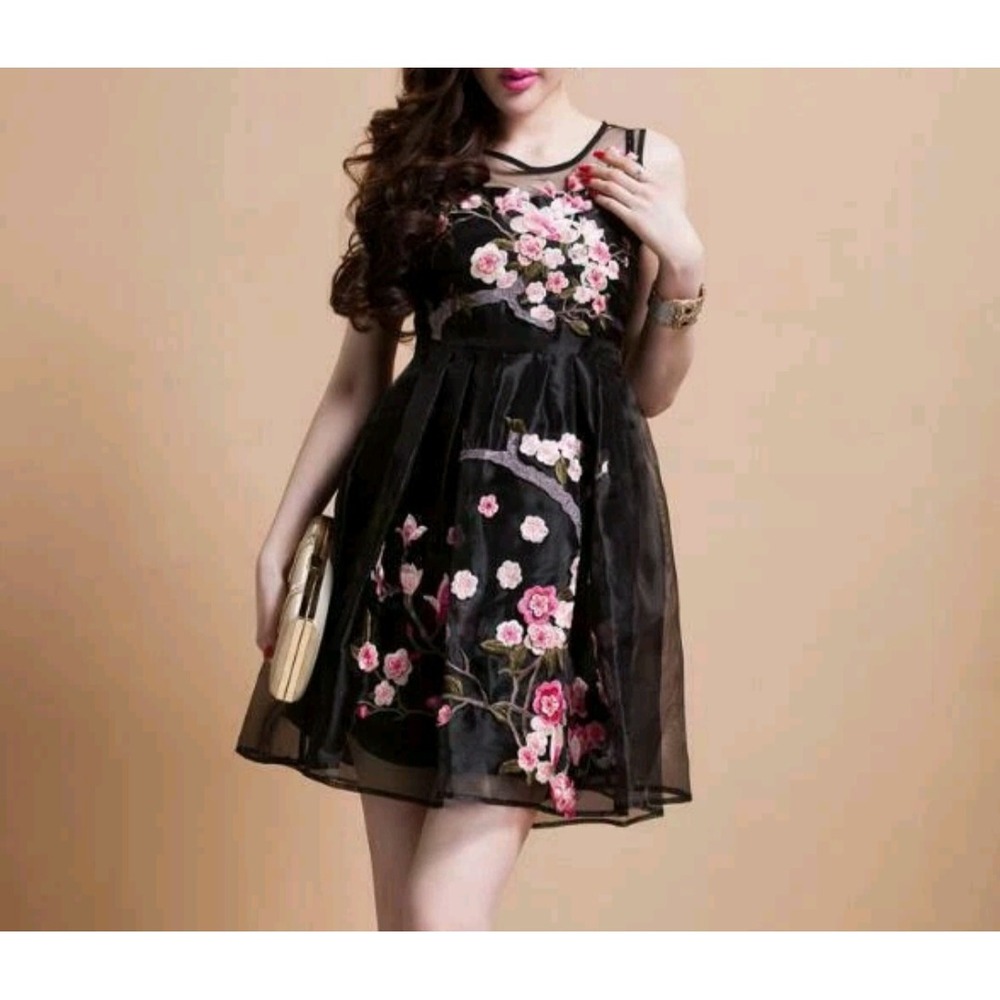 With The Win Black Organza Cherry Blossom Floral Embroidered Mini Dress Small - Picture 1 of 15